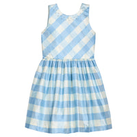 Heirloom quality, 100% silk, sleeveless light blue check formal dress with pearl details at neckline.  Little English X Luciana Emilia capsule collection special occasion dress for girls.