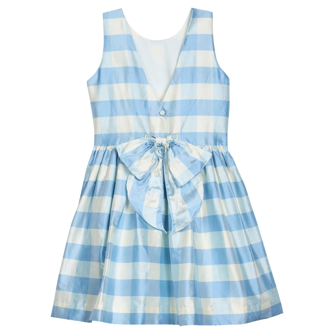 Heirloom quality, 100% silk, sleeveless light blue check formal dress with pearl details at neckline.  Little English X Luciana Emilia capsule collection special occasion dress for girls.