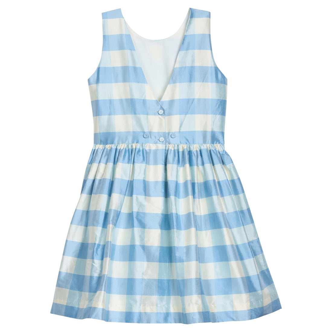 Heirloom quality, 100% silk, sleeveless light blue check formal dress with pearl details at neckline.  Little English X Luciana Emilia capsule collection special occasion dress for girls.