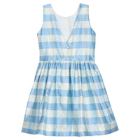 Heirloom quality, 100% silk, sleeveless light blue check formal dress with pearl details at neckline.  Little English X Luciana Emilia capsule collection special occasion dress for girls.