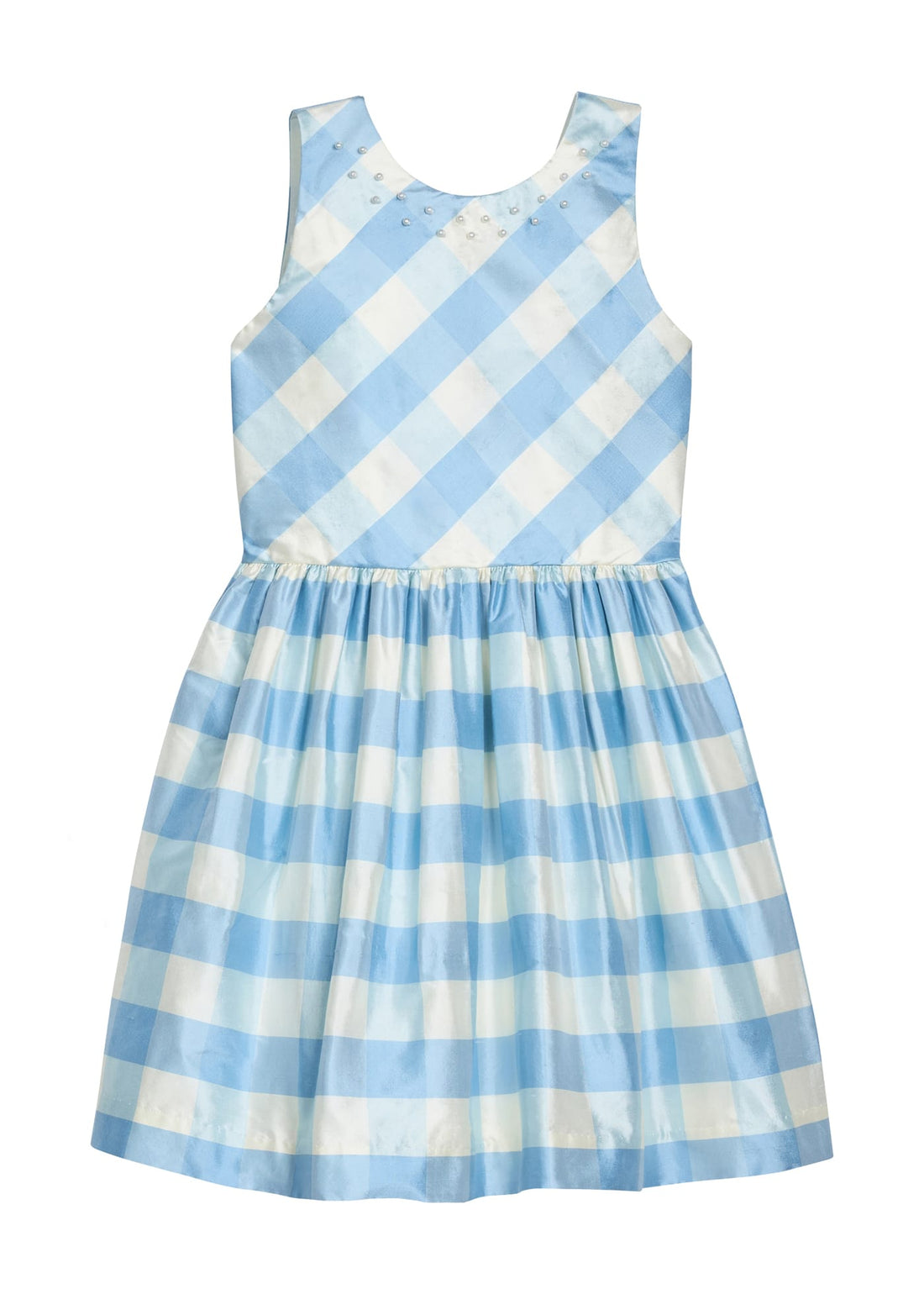 Heirloom quality, 100% silk, sleeveless light blue check formal dress with pearl details at neckline.  Little English X Luciana Emilia capsule collection special occasion dress for girls.
