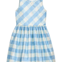 Heirloom quality, 100% silk, sleeveless light blue check formal dress with pearl details at neckline.  Little English X Luciana Emilia capsule collection special occasion dress for girls.