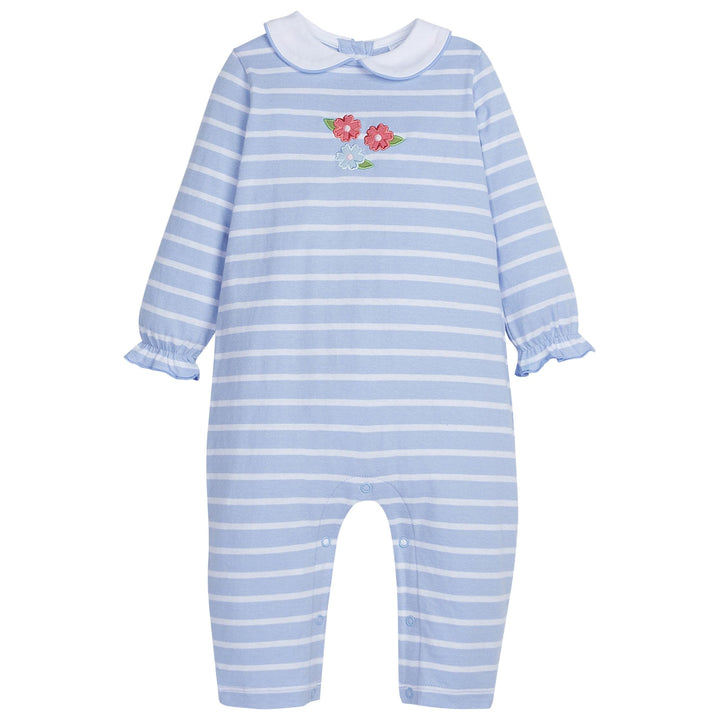 little english classic childrens clothing baby girls blue striped romper with peter pan collar and applique flowers
