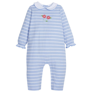 little english classic childrens clothing baby girls blue striped romper with peter pan collar and applique flowers