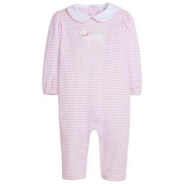 little english classic childrens clothing baby girls pink striped romper with peter pan collar and applique yellow lab