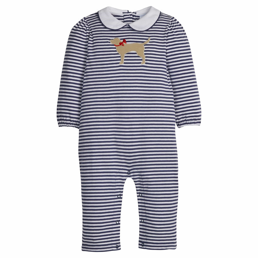 Little English classic children's clothing, navy and white striped knit romper with white peter pan collar and applique lab with red bow on chest for baby girl