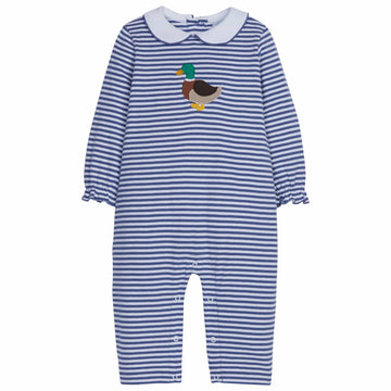 little english classic chidlrens clothing baby girls navy striped romper with peter pan collar and applique mallard