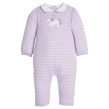 Little English classic children's clothing, lavender and white striped knit romper with white peetr pan collar and applique unicorn on chest for baby girls