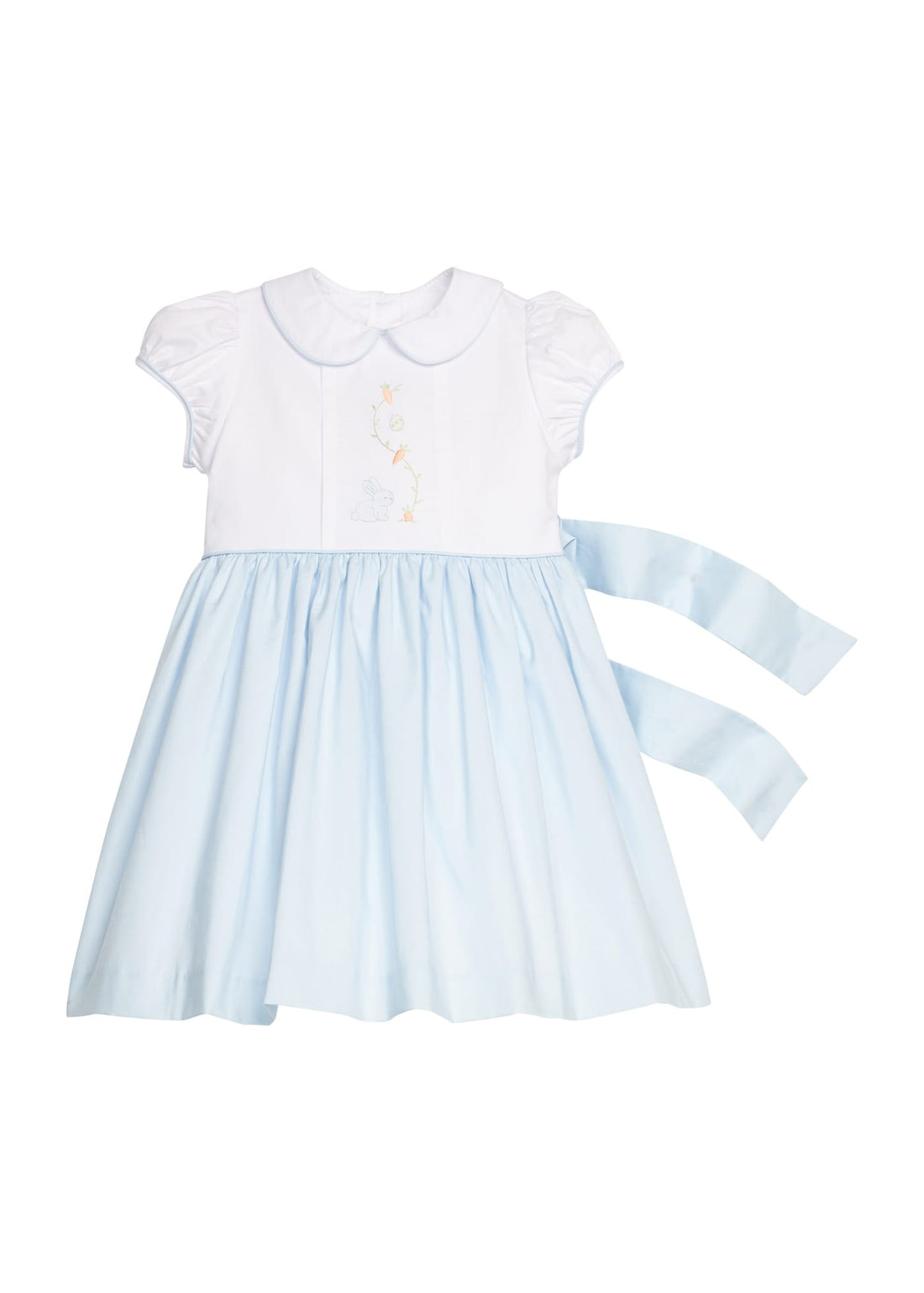 Little English Classic peter pan dress with blue bunny and carrot motif on chest, bow in back, for little girl 