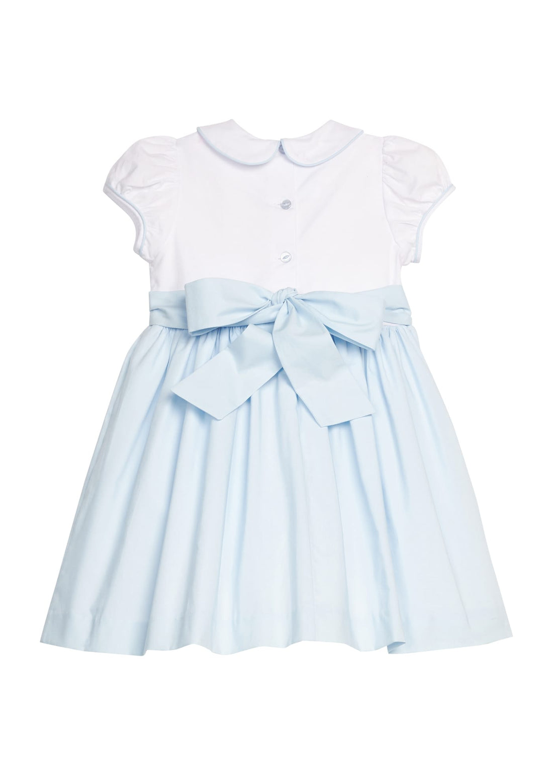 Little English Classic peter pan dress with blue bunny and carrot motif on chest, bow in back, for little girl 