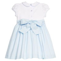 Little English Classic peter pan dress with blue bunny and carrot motif on chest, bow in back, for little girl