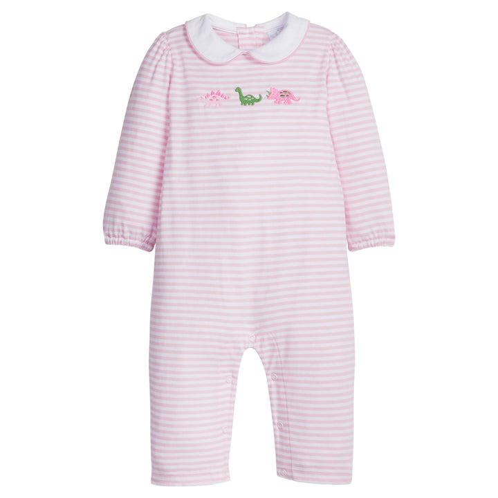 Little English classic children's clothing, light pink and white striped knit romper with withe peter pan collar and embroidered dinosaurs on chest for baby girls