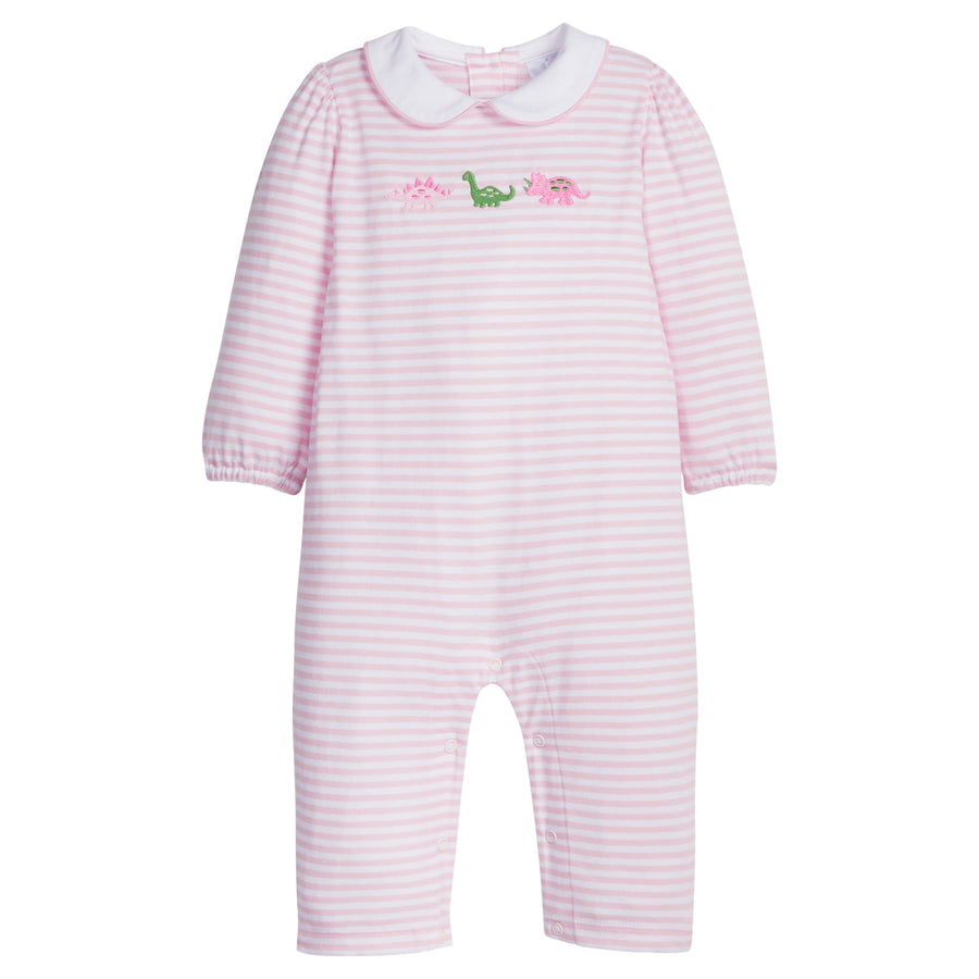Little English classic children's clothing, light pink and white striped knit romper with withe peter pan collar and embroidered dinosaurs on chest for baby girls