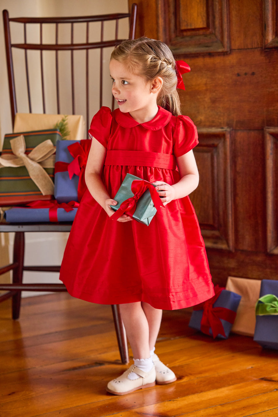 Little English traditional children's clothing, Peter Pan formal dress in red with sash around waist, for little girl