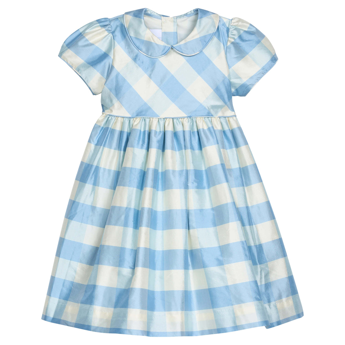 Little English X Luciana Emilia Capsule Collection special occasion dress for little girls.  Formal dress in 100% silk blue check with peter pan collar and capped sleeves