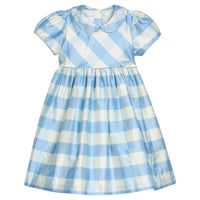 Little English X Luciana Emilia Capsule Collection special occasion dress for little girls.  Formal dress in 100% silk blue check with peter pan collar and capped sleeves