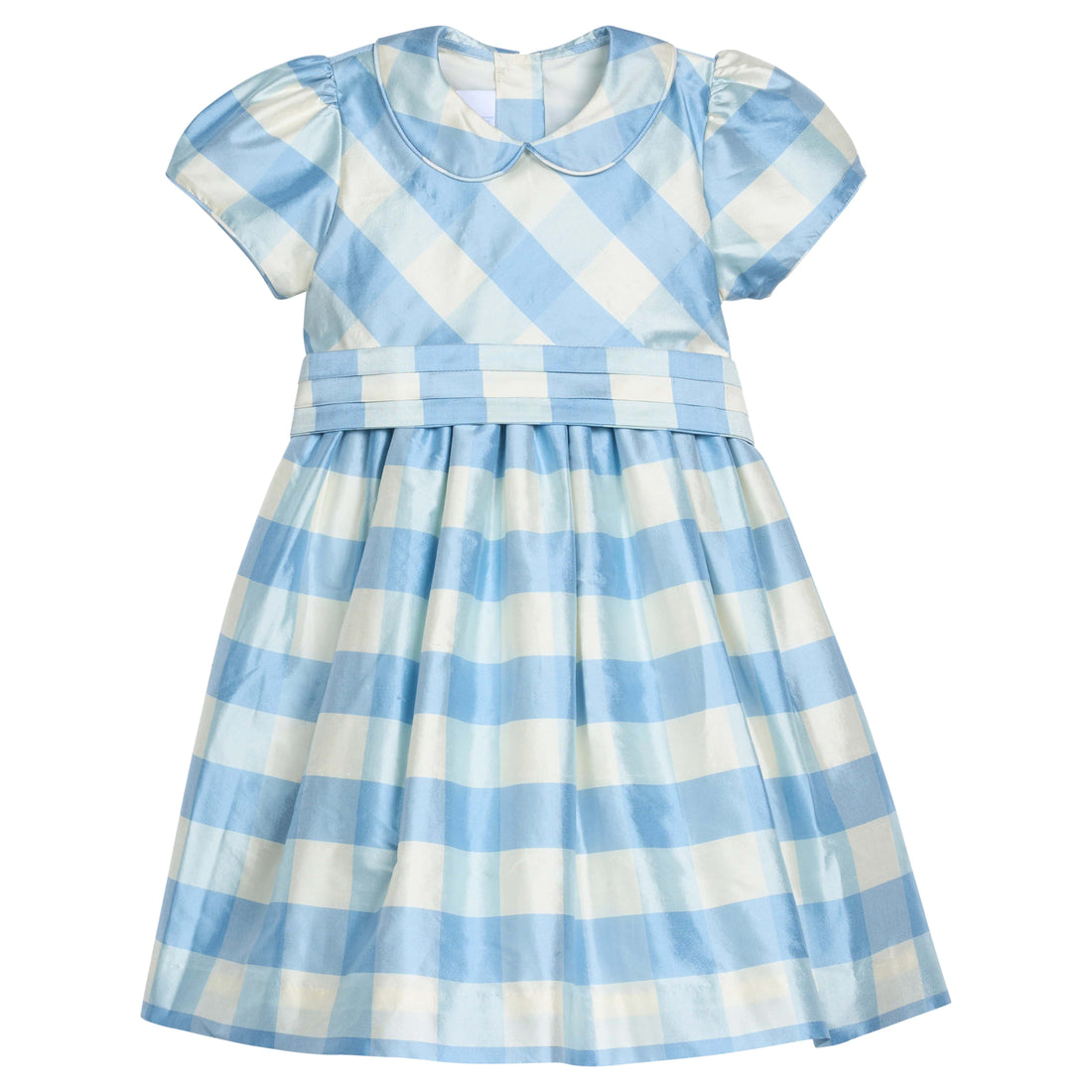 Little English X Luciana Emilia Capsule Collection special occasion dress for little girls.  Formal dress in 100% silk blue check with peter pan collar and capped sleeves