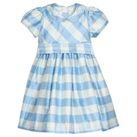 Little English X Luciana Emilia Capsule Collection special occasion dress for little girls.  Formal dress in 100% silk blue check with peter pan collar and capped sleeves