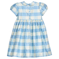 Little English X Luciana Emilia Capsule Collection special occasion dress for little girls.  Formal dress in 100% silk blue check with peter pan collar and capped sleeves