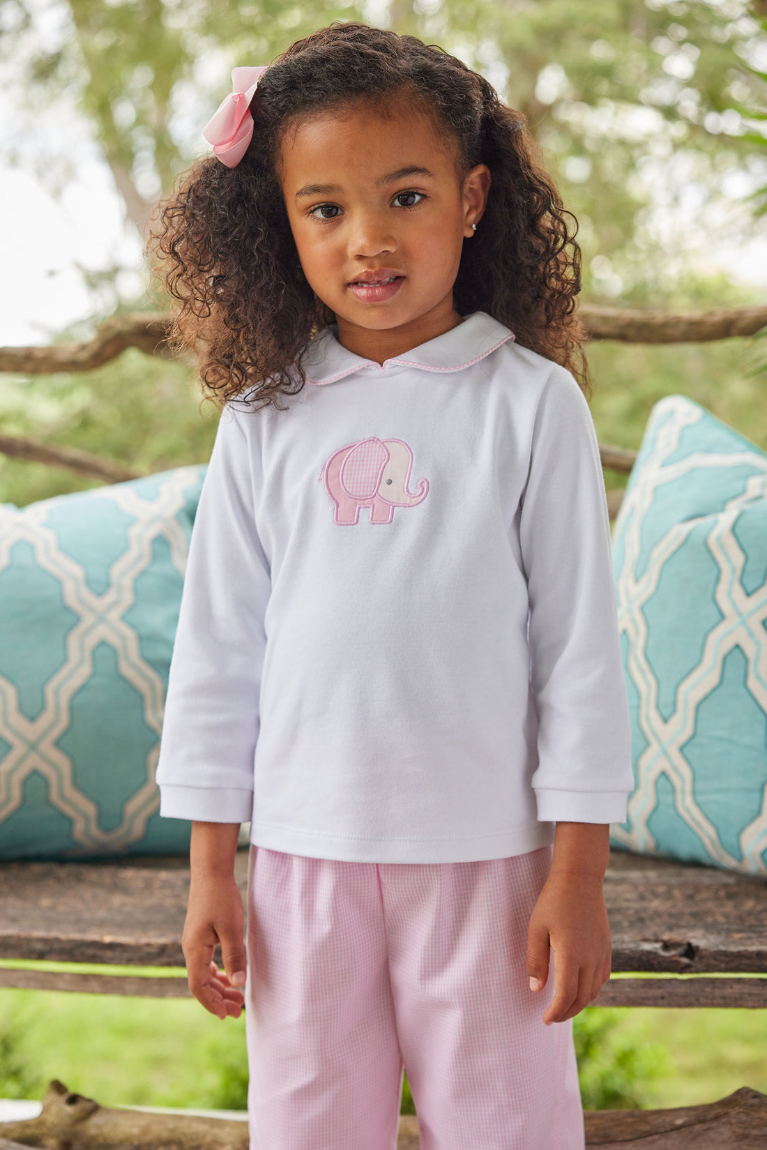 Little English classic childrens clothing toddler girl light pink pant set with applique elephant on shirt with peter pan collar