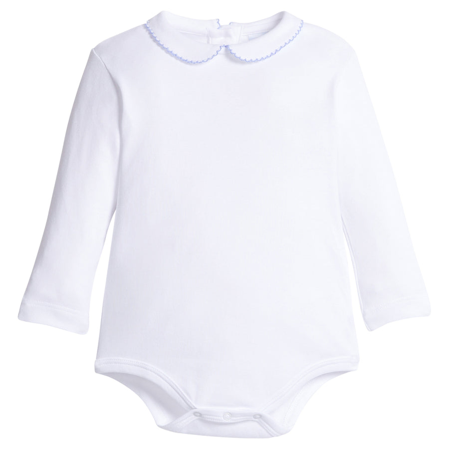 little english classic children's clothing boys white peter pan collared onesie with light blue picot trim 