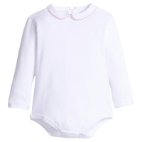 little english classic children's clothing girls white peter pan collared onesie with light pink picot trim 
