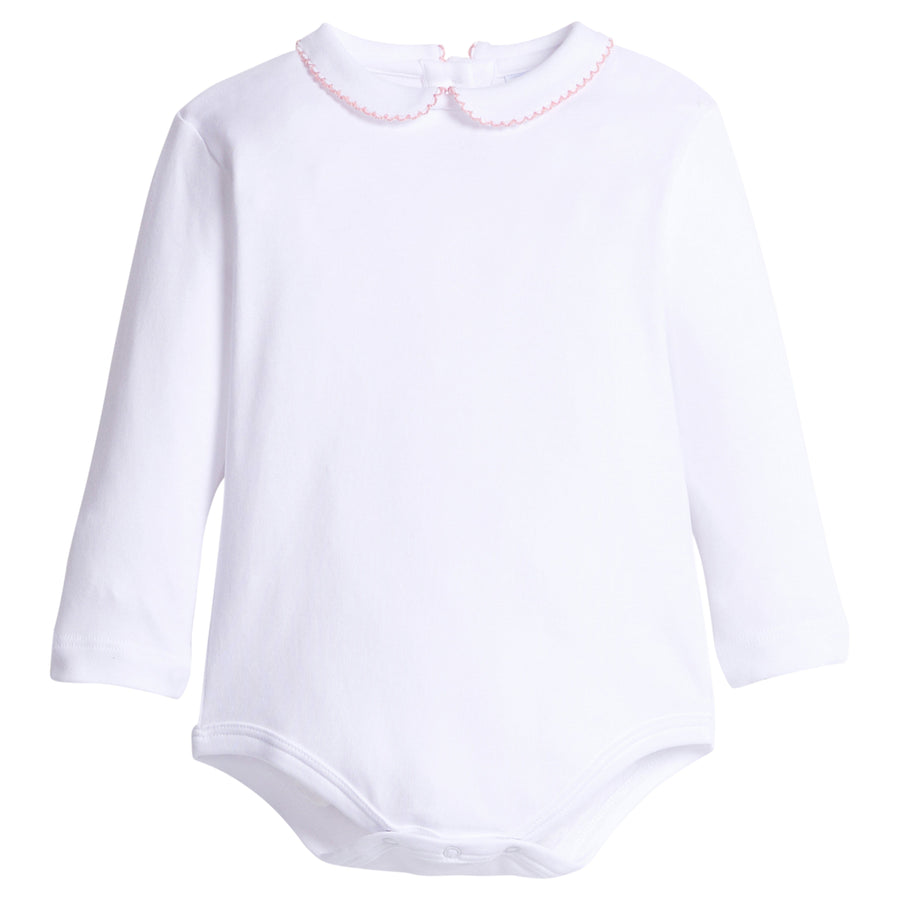 little english classic children's clothing girls white peter pan collared onesie with light pink picot trim 