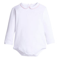 little english classic children's clothing girls white peter pan collared onesie with light pink picot trim 
