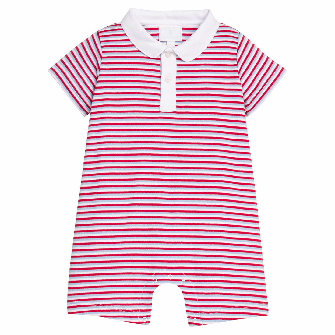 Little English classic twill peter pan polo romper in red, white, and blue americana stripe, snaps at stride, for little boy 