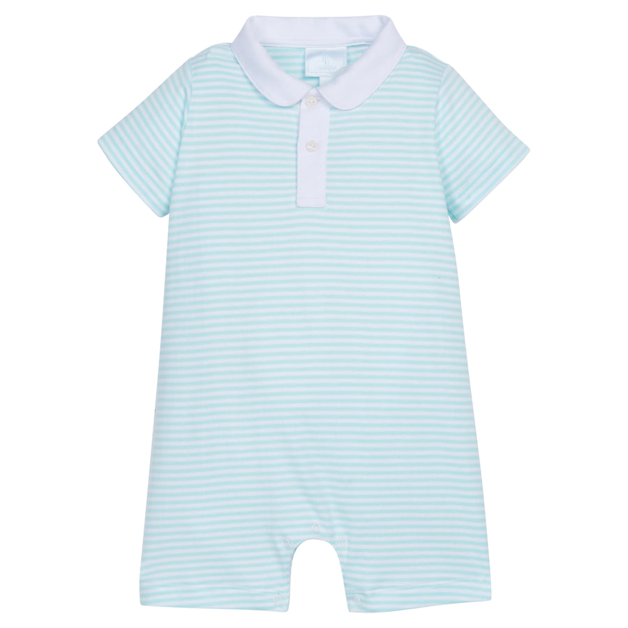 Little English traditional children's clothing, baby boys soft cotton aqua striped romper with peter pan collar
