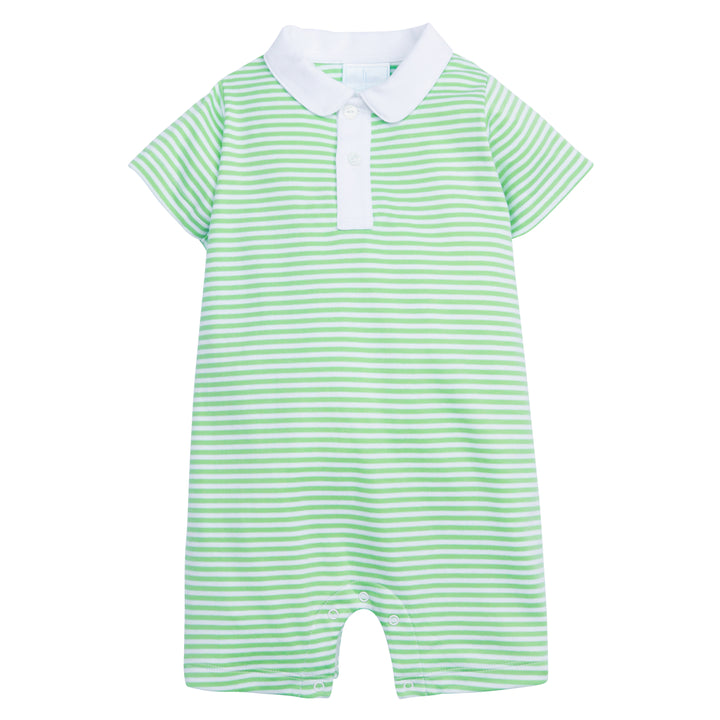 Little English traditional clothing for boys, green striped knit romper with peter pan collar for spring
