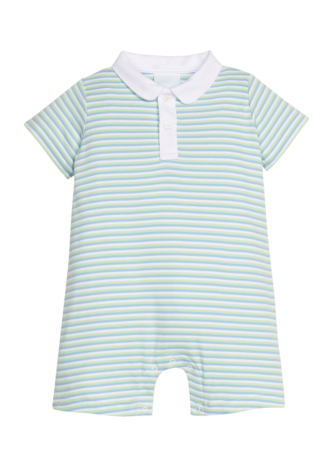 Little English classic twill peter pan polo romper in green, blue, and white stripe, snaps at stride, for little boy 