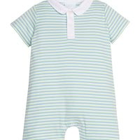 Little English classic twill peter pan polo romper in green, blue, and white stripe, snaps at stride, for little boy 