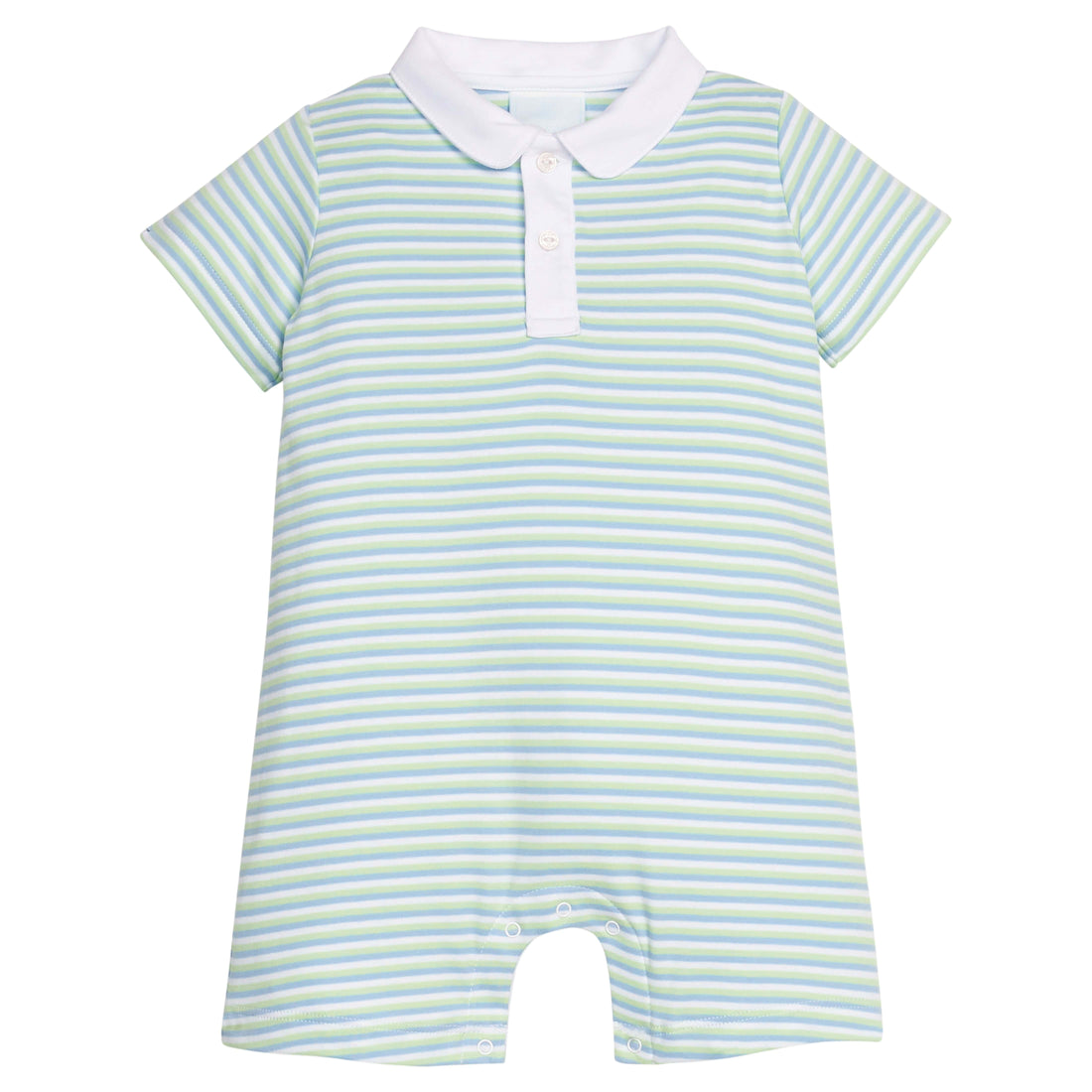 Little English classic twill peter pan polo romper in green, blue, and white stripe, snaps at stride, for little boy 
