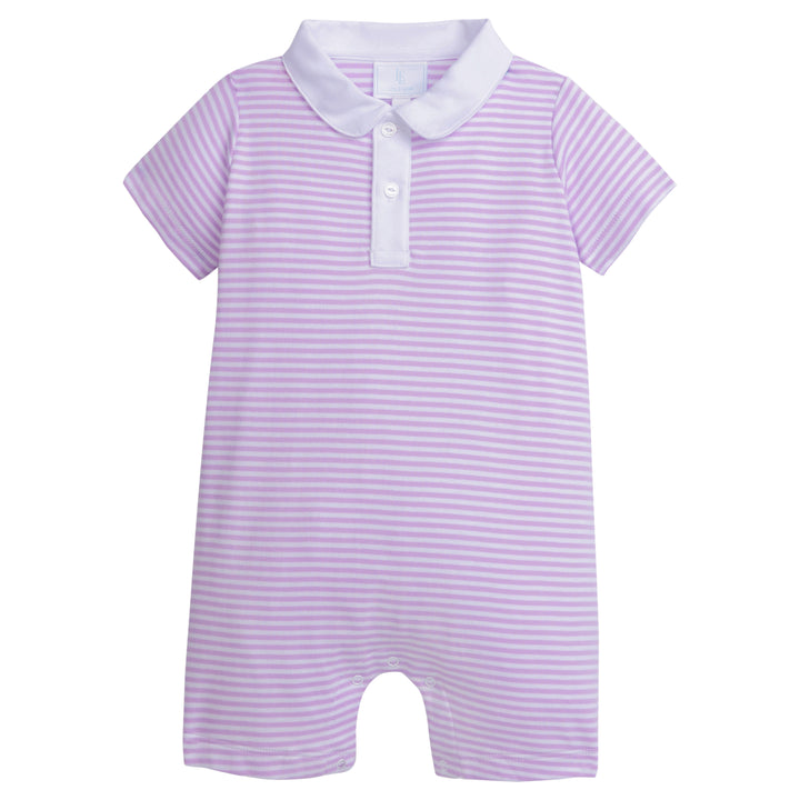 Little English baby boy's peter pan polo romper in lavender stripe, soft cotton romper for baby