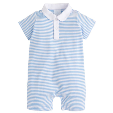 Little English baby boy's peter pan polo romper with light blue stripes, soft knit romper for baby