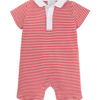 Little English baby boy's peter pan polo romper in red stripe, soft cotton romper