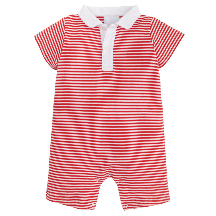 Little English baby boy's peter pan polo romper in red stripe, soft cotton romper