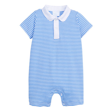 Little English traditional clothing for boys, blue striped knit romper with peter pan collar for spring