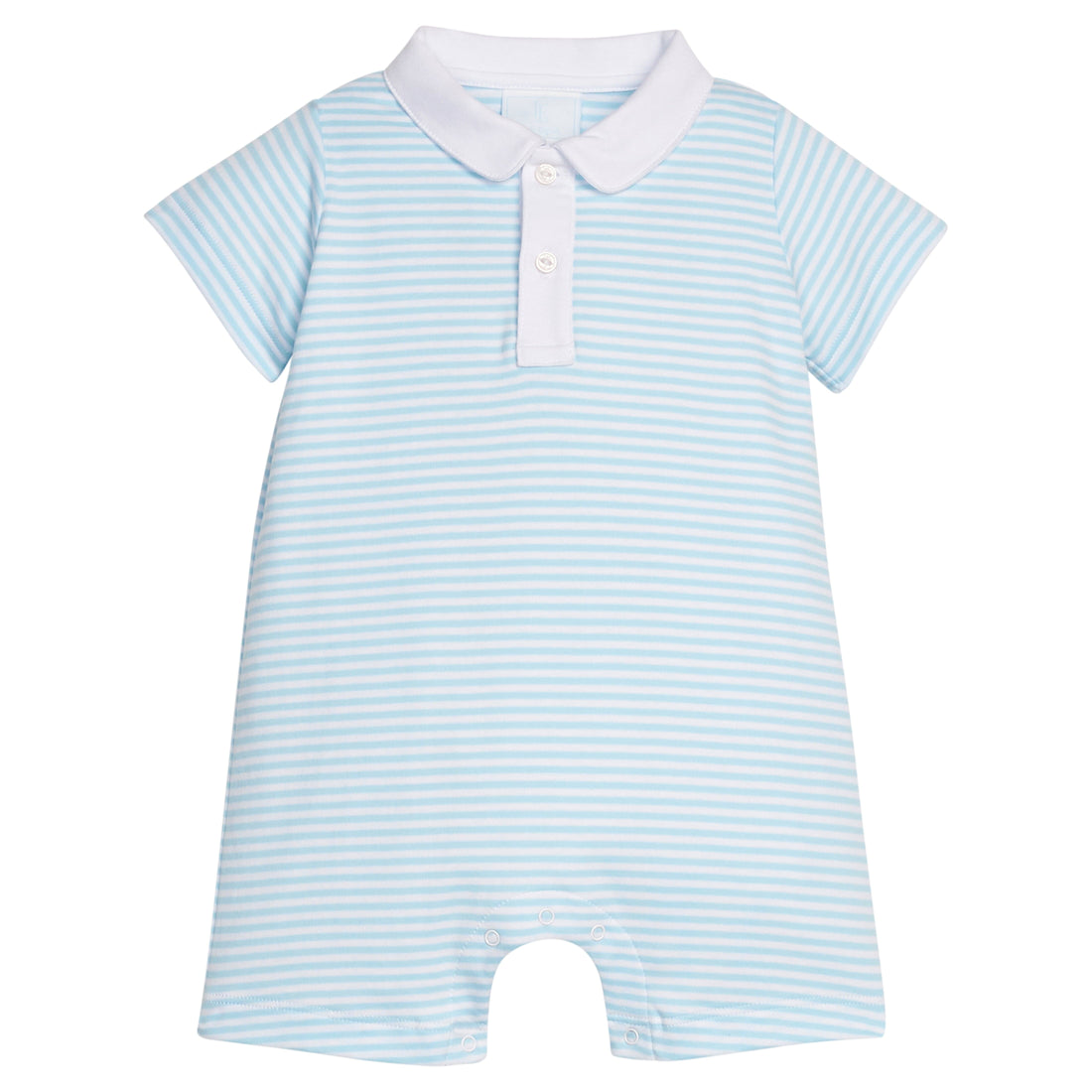 Little English classic twill peter pan polo romper in sky blue stripe, snaps at stride, for little boy 
