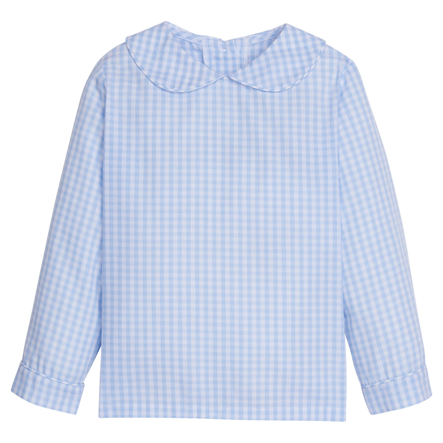 Little English traditional boy's peter pan shirt light blue plaid with peter pan collar 