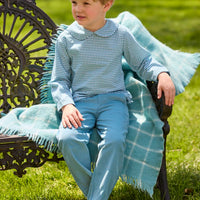 Little English traditional children's clothing.  Classic long sleeve peter pan shirt in blue Alpine Gingham paired with blue Alpine Corduroy pull on pants for toddler boys