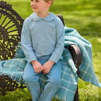Little English traditional children's clothing.  Classic long sleeve peter pan shirt in blue Alpine Gingham paired with blue Alpine Corduroy pull on pants for toddler boys