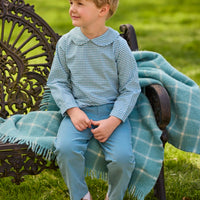 Little English traditional children's clothing.  Classic long sleeve peter pan shirt in blue Alpine Gingham paired with blue Alpine Corduroy pull on pants for toddler boys