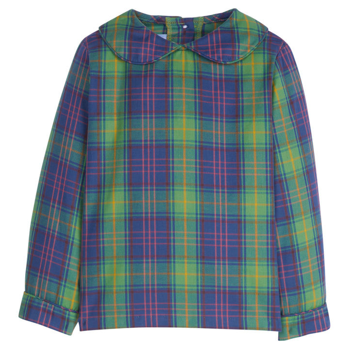 Little English toddler boy's peter pan collar shirt with long sleeves, traditional navy and green plaid for fall