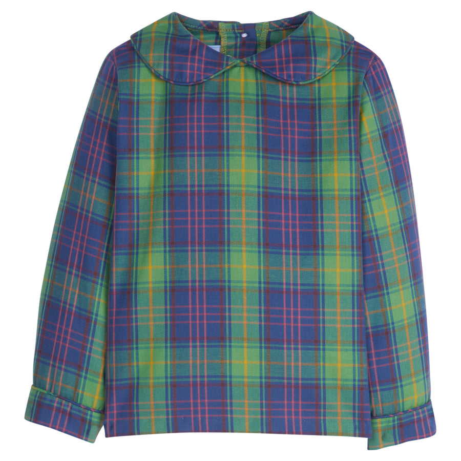 Little English toddler boy's peter pan collar shirt with long sleeves, traditional navy and green plaid for fall