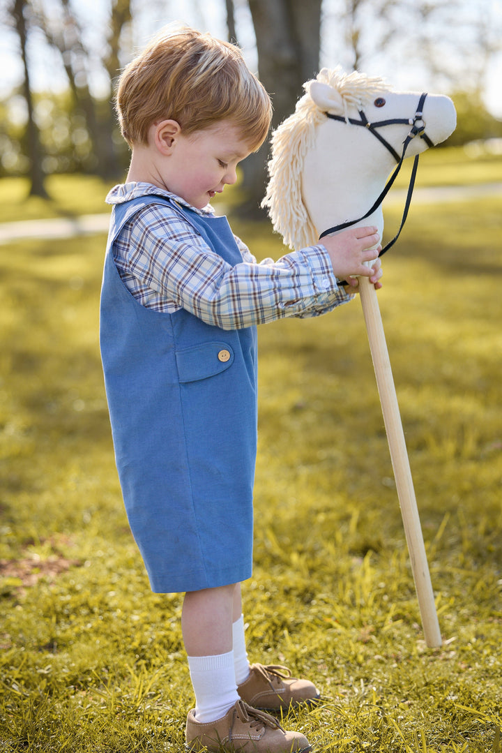 little english classic children's clothing peter pan collar long sleeve shirt in light blue, cream, and brown plaid, button tab john john in stormy blue, fall outfits for boys