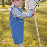 little english classic children's clothing peter pan collar long sleeve shirt in light blue, cream, and brown plaid, button tab john john in stormy blue, fall outfits for boys
