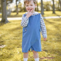 little english classic children's clothing peter pan collar long sleeve shirt in light blue, cream, and brown plaid, button tab john john in stormy blue, fall outfits for boys