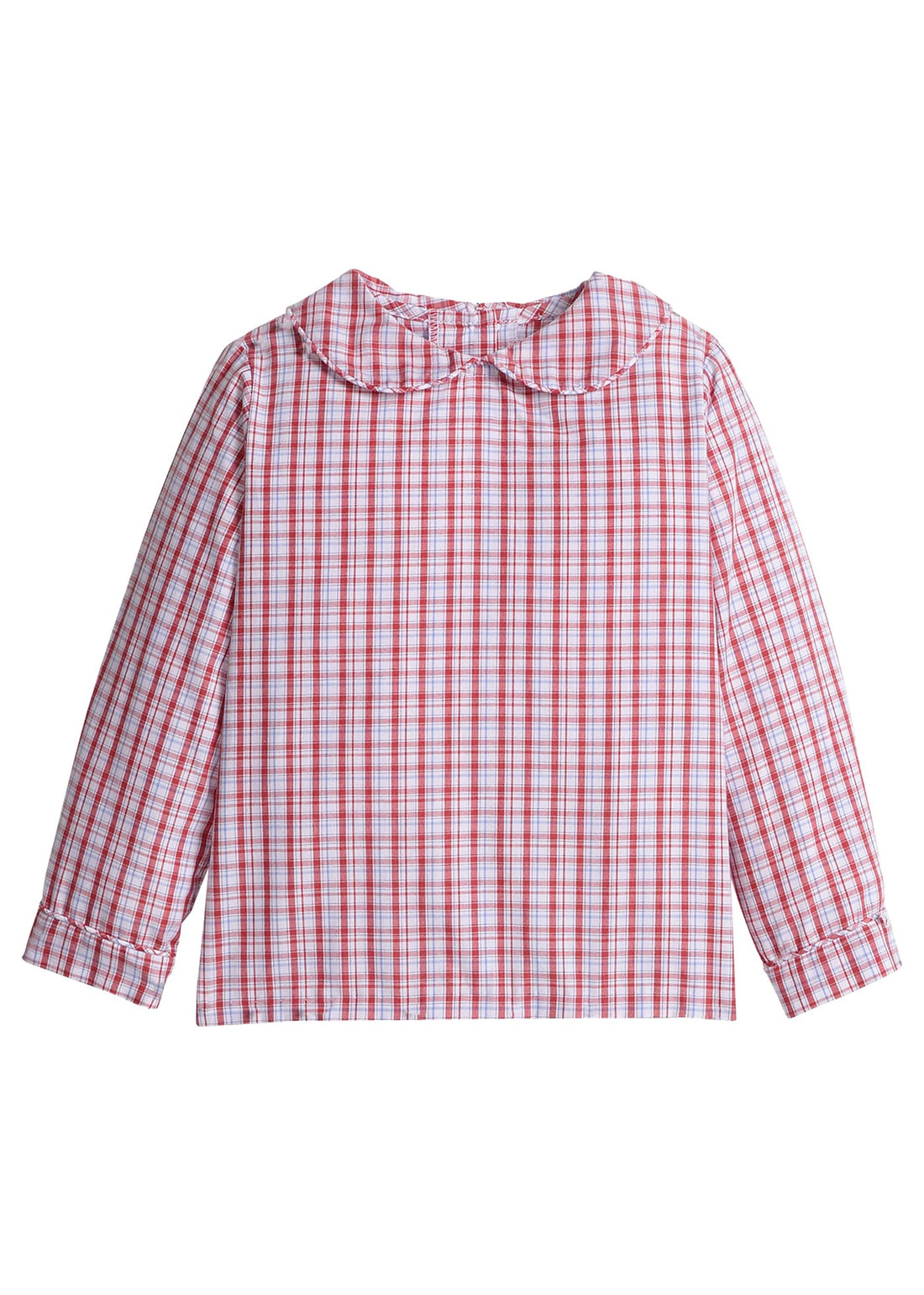 Little English classic shirt for little boys. Red, white, & light blue plaid peter pan shirt for Fall. Back to school outfit.